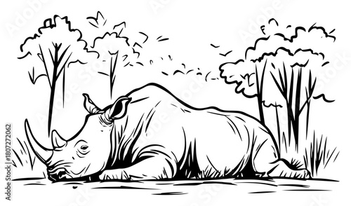 Resting rhinoceros under trees – massive rhino lying on savanna ground wildlife ink drawing