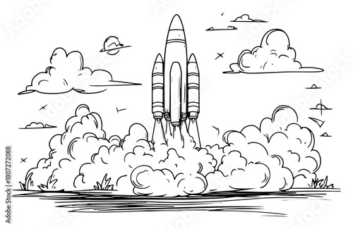 Rocket launching through billowing smoke clouds – dramatic space shuttle liftoff scene minimalist line illustration