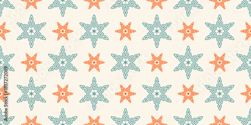 Vector seamless pattern with Christmas snowflake stars. Retro holiday texture with geometric ornamental crystals. Winter festive background. Cute design for textile, home decor, print, wrap, package