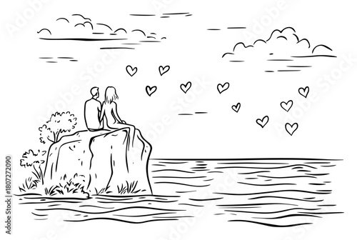 Romantic couple sitting on seaside cliff – hearts floating above ocean horizon dreamy love landscape sketch
