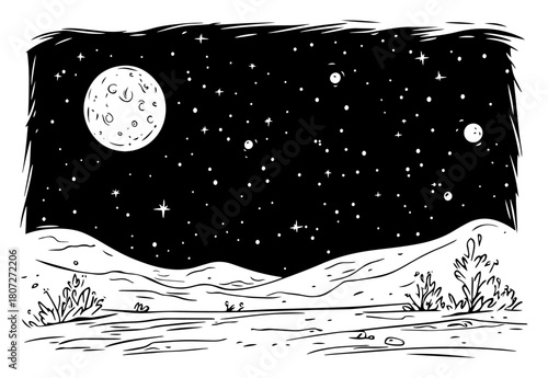 Starry night sky with full moon above desert hills – cosmic landscape ink illustration