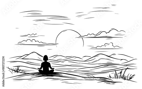 Person meditating at sunrise over rolling hills – peaceful mindfulness yoga scenery minimalist sketch