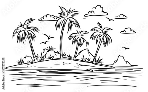 Tiny desert island with leaning palm trees – tranquil ocean lagoon tropical paradise sketch