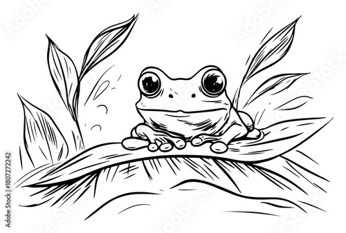 Cute tree frog perched on tropical leaf – wide-eyed amphibian rainforest wildlife illustration