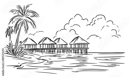 Overwater bungalows resort under palm trees – luxury vacation huts on tropical sea illustration