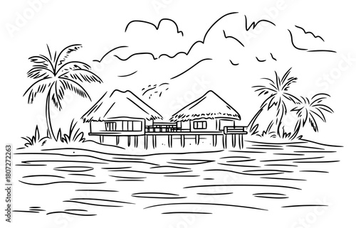 Tropical stilt villas above shallow lagoon – exotic island accommodation line art landscape