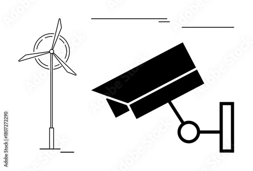 Wind turbine standing tall with a pivoted security camera on a minimalistic backdrop. Ideal for sustainability, renewable energy, technology, surveillance, security, monitoring, eco-innovation