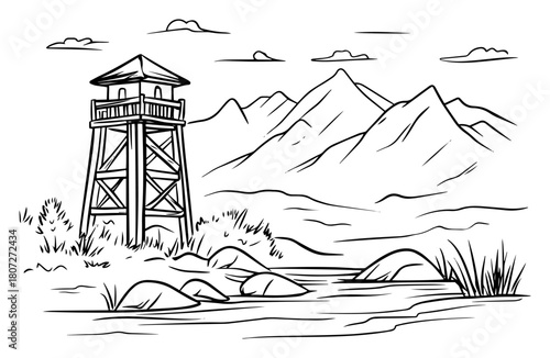 Wooden watchtower overlooking mountain river valley – scenic wilderness lookout drawing