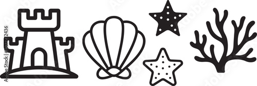Summer vacation icons set with sand castle and sea elements