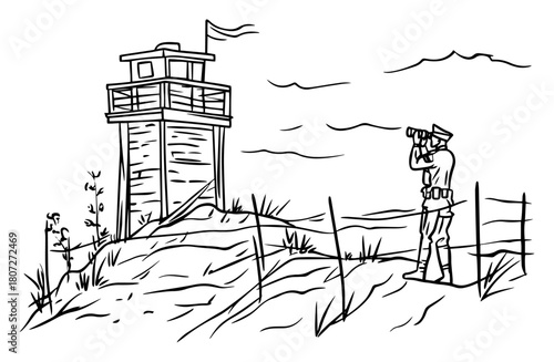 Wooden lifeguard watchtower with fluttering flag on sandy beach – curious dog sniffing coastline scene sketch