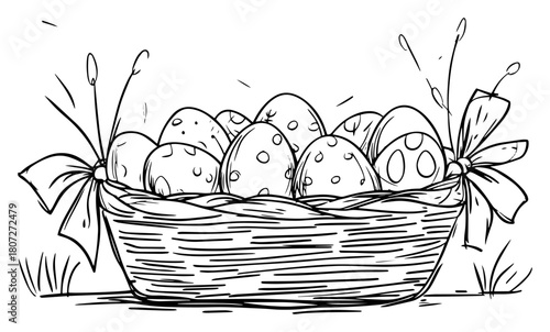 Decorated Easter eggs in woven basket tied with ribbon – festive spring holiday illustration