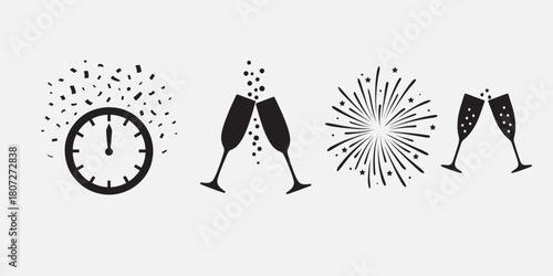 New Year Celebration Icons Set with Clock Champagne and Fireworks