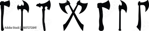 Axe Icon Set, Collection and Group of Battle Axe, Hatchet, and War Tool Symbols, Black Flat Vector Medieval Weapon, Lumberjack Tool, and Combat Armory Design for Graphic Use