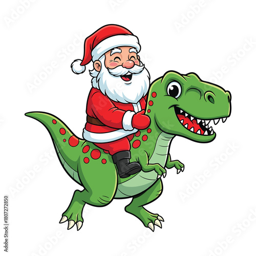 Cartoon santa claus riding a dinosaur isolated on