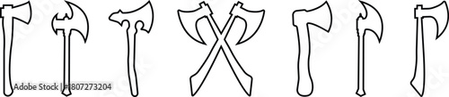 Axe Icon Set, Collection and Group of Battle Axe, Hatchet, and War Tool Symbols, Black Line Vector Medieval Weapon, Lumberjack Tool, and Combat Armory Design for Graphic Use