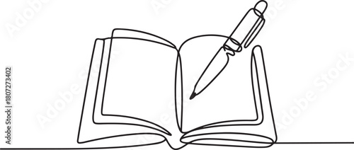 continuous line drawing of open book and pen.one line vector drawing of book and pen. concept of education in one line vector. one line Icon drawing with white background