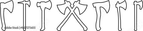 Axe Icon Set, Collection and Group of Battle Axe, Hatchet, and War Tool Symbols, Black Line Vector Medieval Weapon, Lumberjack Tool, and Combat Armory Design for Graphic Use