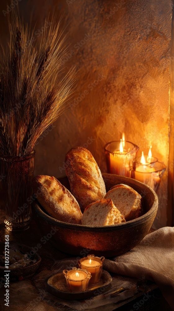 Obraz premium Warm Rustic Still Life - Bread Bowl, Candles, and Wheat in Golden Light.