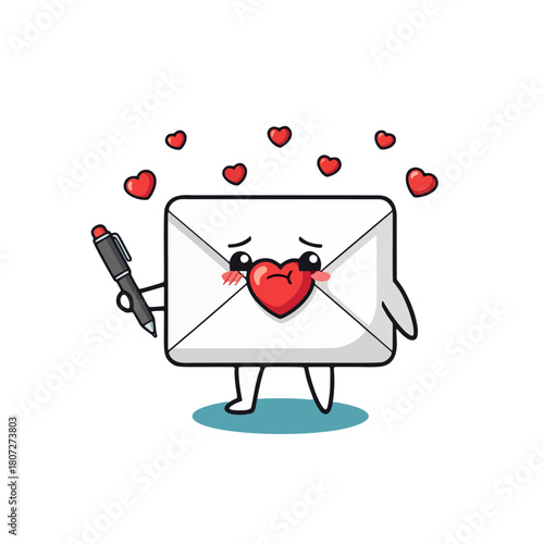 Cute love letter envelope cartoon character holding a pen