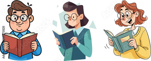 Cartoon characters reading books, studying and learning illustration, educational reading activity, cute people enjoying literature, knowledge, study, classroom, academic concept