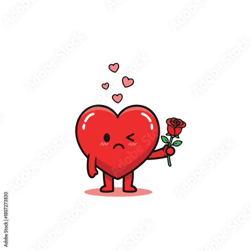Cute red heart cartoon character holding a red rose