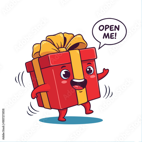 Cute red gift box cartoon character saying Open Me