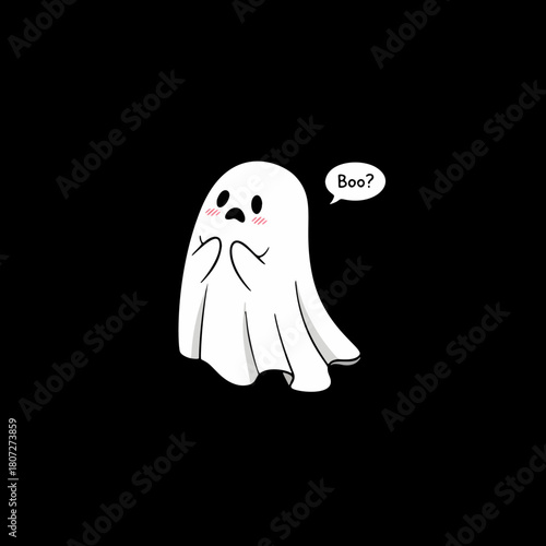Shy ghost cartoon character saying Boo in speech bubble