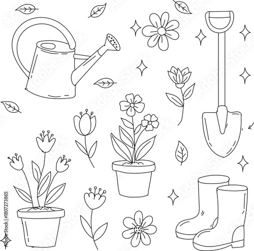 Vector art of hand drawn gardening tools and flowers isolated on