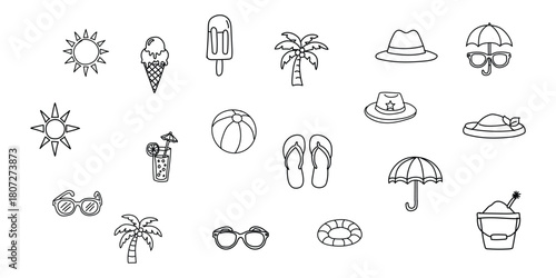 “Summer Vacation Themed Hand-Drawn Doodle Set, Sketchy Umbrella, Sunglasses, Coconut Tree, Sun, Ice Cream and Travel Elements, Fun Decorative Line Art Collection”
