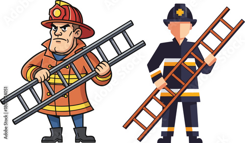 Cartoon firefighters holding ladders, emergency rescue worker illustration, fireman characters in uniform for safety, training, education, and professional design