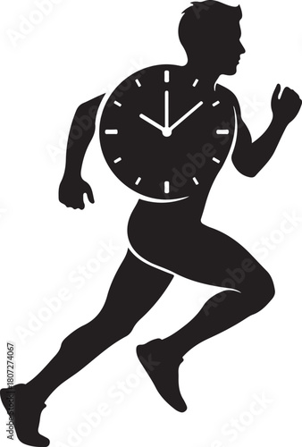 Running man with a clock face integrated into his body, symbolizing urgency, time management, fitness, and speed on a white background. isolated on white background, Vector, illustration