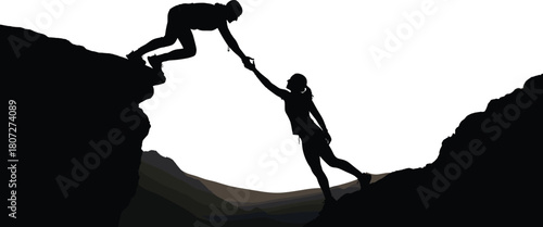 Silhouette of hiker reaching hand to pull partner up mountain cliff, teamwork and leadership business concept, nature landscape background, vector illustration design.