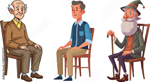 Cartoon illustration of elderly and adult men sitting on chairs, diverse male characters in relaxed seated poses for education, storytelling, design projects