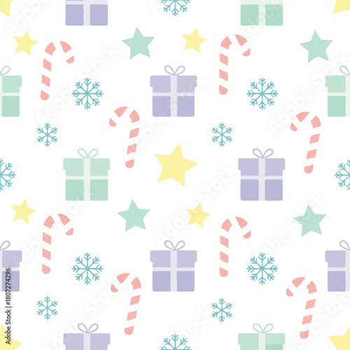  Flat christmas seamless pattern with gifts and snowflakes.