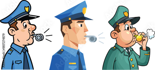 Cartoon police officers blowing whistles in uniform, law enforcement characters giving alerts, security warning illustration for safety, patrol, rules and regulations