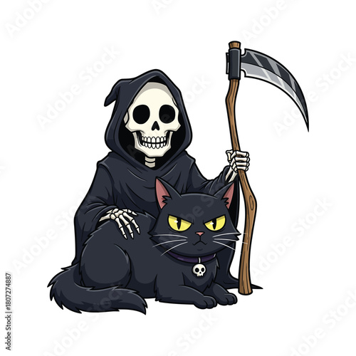 Grim reaper with a black cat isolated on illustration