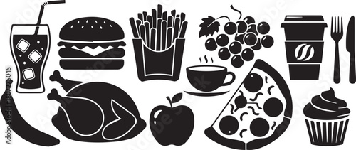 A hand-drawn vector illustration of a set of cactus plants beside a glass bottle and a vector icon set of breakfast food items like coffee, bread, and egg