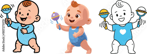Cute baby characters playing with colorful rattles, cheerful infant illustration set, happy toddlers in onesies, playful cartoon child artwork