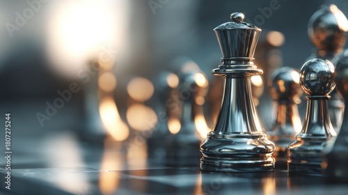 Close-up of polished metal chess pieces on a board, with the king in focus and a soft, blurred background.