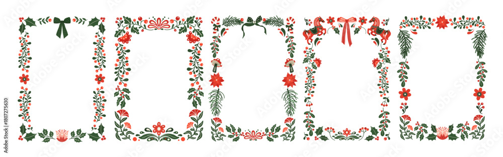 Fototapeta premium Set of Christmas folk art floral frames. Winter Scandinavian nordic wreath. Holiday flower and greenery leaves, fir tree branches border. Vector illustration