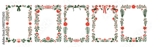 Set of Christmas folk art floral frames. Winter Scandinavian nordic wreath. Holiday flower and greenery leaves, fir tree branches border. Vector illustration