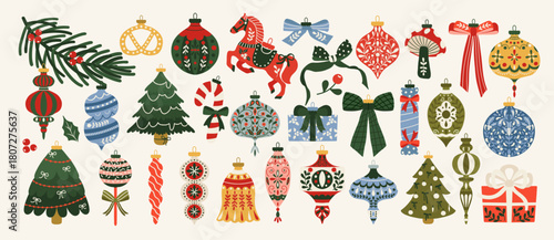 Set of Christmas ornaments with tree, candy cane, horse, bow and gifts. Xmas winter decoration ball. Holiday bauble with folk art patterns. Vector flat illustration