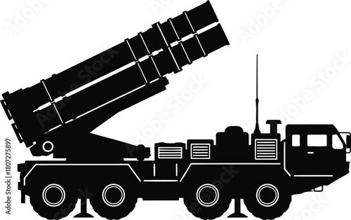 Silhouetted rocket launcher truck military vehicle icon vector art illustration vector
