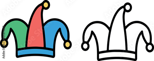 Colorful Jester Hat Icon with Outline | Vector Illustration of Fool's Cap for Carnival, Celebration, and Entertainment Design
