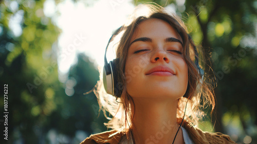 Young woman enjoying music with wireless headphones in park