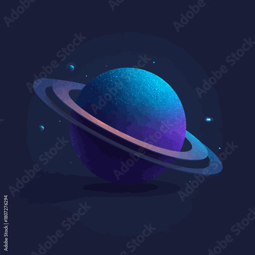 Stylized ringed planet illustration in deep space with glowing stars. Cosmic celestial body, vibrant blue purple universe background.