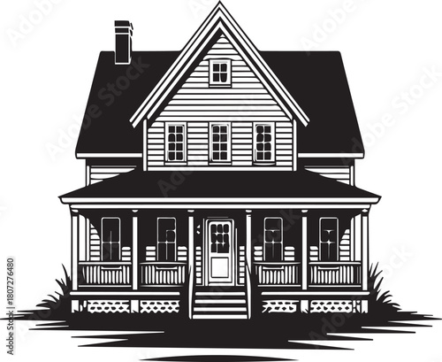 Black and white illustration of a two-story house with a porch and chimney home building