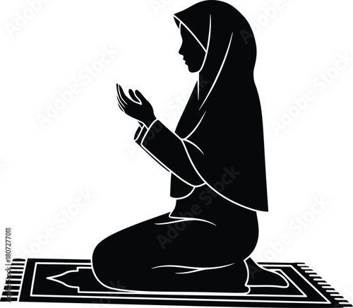 Silhouette of a muslim woman praying on a prayer mat in profile view vector