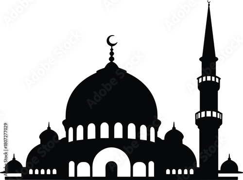 Black silhouette of a mosque with dome and minaret