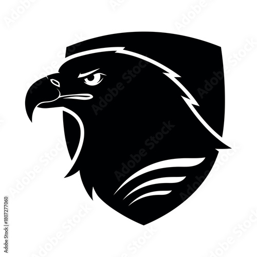 Bold black silhouette logo of a bald eagle s head and upper chest isolated on white background